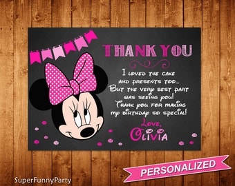 Minnie Mouse Thank You Card, Chalkboard Minnie Mouse Thanks Card, Pink Minnie Mouse Printable, Personalized, Digital File