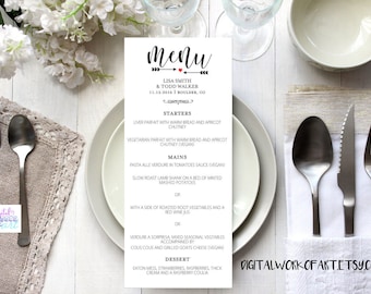 Wedding Menu Template, Printable Wedding Menu, DIY Rustic Wedding, Table Menu Card, Reception Card, Editable PDF Template, Calligraphy, Menu