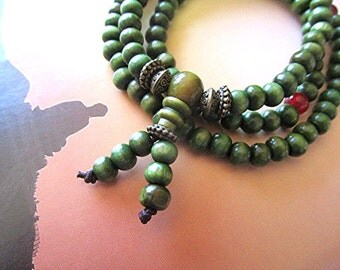 Mala necklace mala beads mala bracelet green sandalwood mala wooden bead mala 108 bead mala prayer beads boho hippie Buddhist meditation.