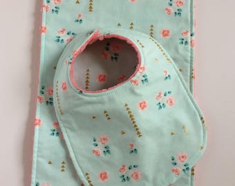 Baby Girl Bib and Burp Cloth Set ~ Mint Coral Gold Floral Minky Bib and Burp Cloth Set
