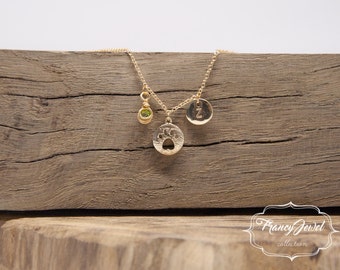 Pawprint gold necklace, custom initial, birthstone necklace, cat necklace, dog necklace, kitten jewelry, gold animal jewelry, pet jewel