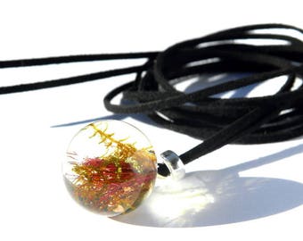 SALE 10%OFF Real flower jewellery, resin flower necklace, bottlebrush blossom, real moss sphere necklace, resin jewelry, one of a kind