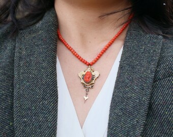 Antique Coral Necklace - 19th c Victorian Carved Coral Cameo Necklace 14k gold, Coral Bead Necklace, Antique Jewelry, Victorian Coral Cameo