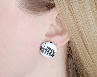 Music note earrings, surgical steel posts, fabric button earrings, button earrings, music teacher gift, musician jewelry, music note jewelry