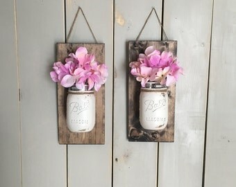 Wall Sconce | Wood Wall Sconce Set | Mason Jar Sconce | Mason Jar Decor | Rustic Decor | Individual Mason Jar Sconce | Floral Wall Sconce