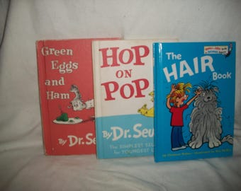 Three Vintage Dr Seuss Books, Hop on Pop, Green Eggs and Ham, The Hair Book