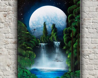Moon landscape Painting Flying bird Waterfall painting Acrylic Picture on canvas Original Paintings Wall Art on canvas Nature Ready To Hang