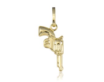14K Yellow Gold Pistol Gun Pendant - Revolver Hand Polished Necklace Charm