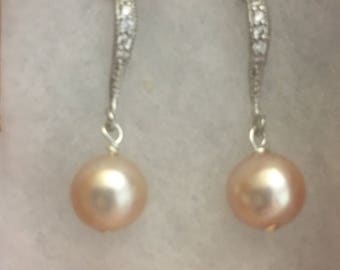 Pink Freshwater CZ Pearl Dangle Earrings