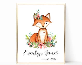 Personalized Baby Gift. Fox Nursery Decor. Woodland Nursery Art. Nursery Animals Prints. Floral Woodland Nursery Decor. Floral Nursery Art.