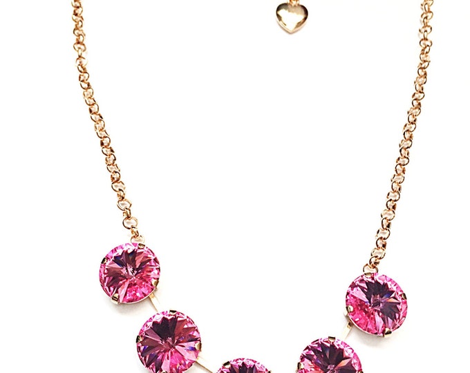 This Valentines, feel like a princess in this stunning rose gold five stone rose pink Swarovski crystal rivoli large 14mm stone necklace.