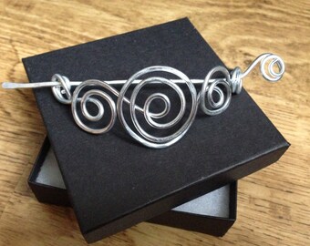 Swirly silver shawl pin, scarf clip, hair slide, sweater pin, brooch for knitwear, handmade jewellery, gift for her