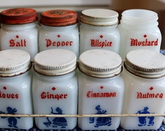 Milk Glass Spice Jars, Vintage Spice Rack, Tipp City Ohio, Vintage Spice Jars, Dutch Blue, Rustic kitchen, Farm kitchen, Shabby Chic
