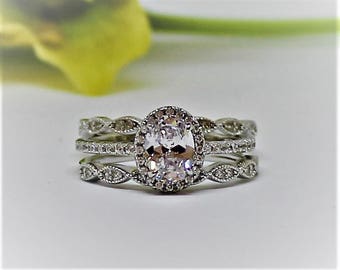 Simulated Diamond Ring 1.28ct Wedding Set, Rhodium coated, Oval Halo Infinity 3 pcs set, with pave band and 2 infinity pave bands,ARIA