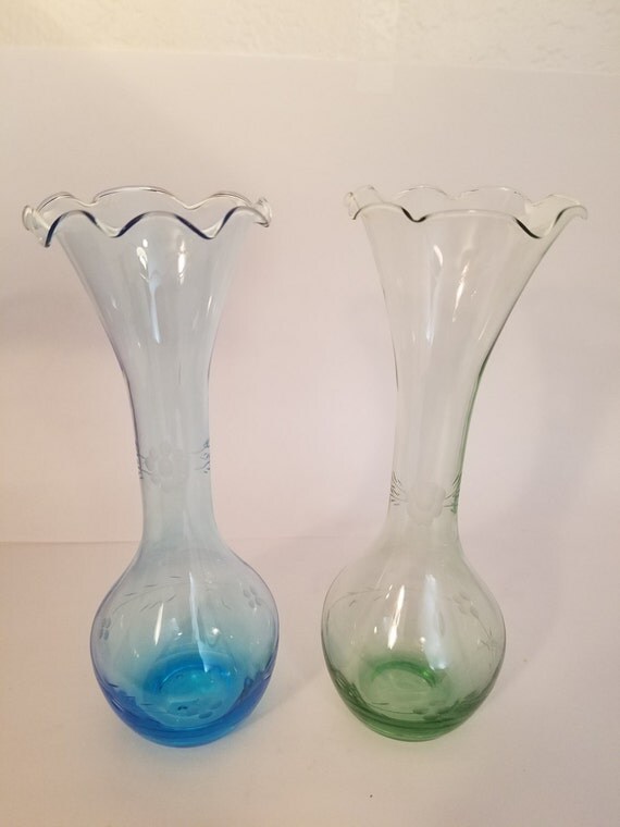 Vintage Blown Glass Etched Tulip Bud Vases Set of 2