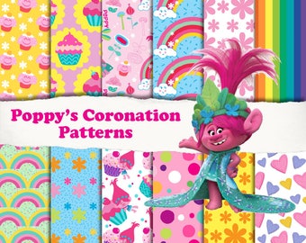 12 designs Trolls background paper, seamless pattern, clipart, Poppy's coronation, digital scrapbook, invitation, birthday party decor