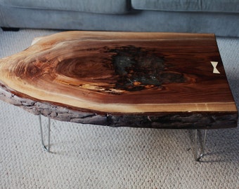 Dark Walnut live edge coffee table with hairpin legs