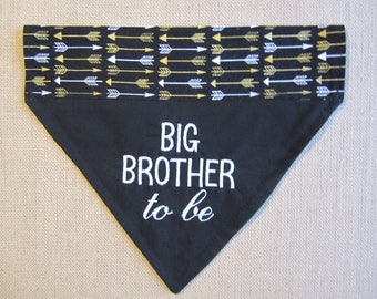 Reversible Big Brother to be dog bandana/Reversable black with gold and white arrows Over the collar bandana/New Baby announcement/