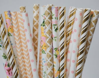 Pink Party Straws, Floral Straws, Baby Shower Decorations, Bridal Shower Decorations, Pink and Gold Party Straws, 25 Piece Mix