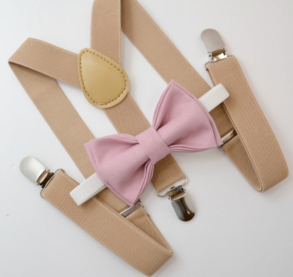 Bow Tie & Suspenders SET / Peony Mauve Pink Bow Tie / Beige