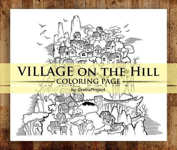 Village on the Hill Coloring Page Adult Coloring Pages