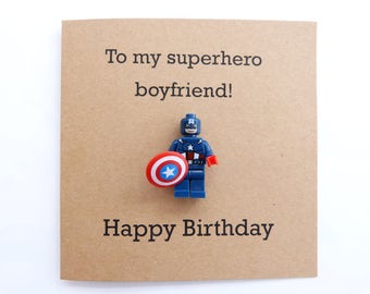 Captain America minifigure birthday card. Marvel mini figure. Superhero minifigure. Geek birthday. Boyfriend birthday card. Avengers card