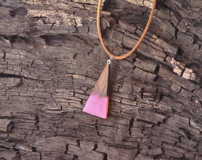 Geometric wood necklace Wenge wooden triangle 5th anniversary gift for wife Women exotic fashion jewelry pendant Pink epoxy resin necklace