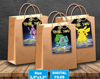 Pokemon thank you tags, pokemon tags, pokemon birthday, pokemon tag gift, pokemon tag printable, pokemon favor tags, pokemon gift tags