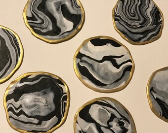 Zebra Black & White Marble Coasters, Premier Bake Clay Coasters, Marbled to Perfection, Gilded Marbled Coasters, Drink Set, Free Shipping!