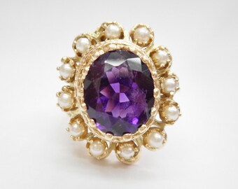 Amethyst Ring, Pearl Ring, Vintage Gold Ring, Vintage Ring, Vintage 10k Yellow Gold 3.2 CT Amethyst & Seed Pearl Ring Sz 5.75 #1743