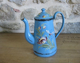 Blue French enamel coffee pot with handpainted dragonfly, flowers and gilding