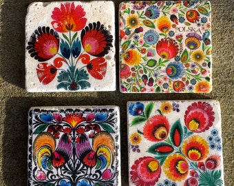 Polska Folk Art Tiles- Polish Folk Art, stone coasters, set of 4