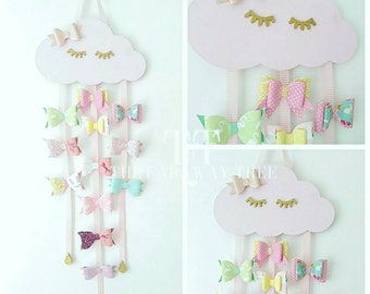 Wooden cloud hair bow holder, sleepy cloud, pastel pink, hair bow holder, sleepy eyelashes, hair accessories, hair bows, girls bedroom