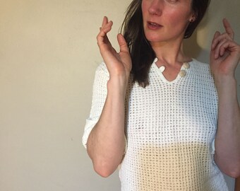 Vintage White Cotton Knit Henley Shirt with Wooden Buttons