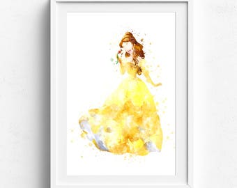 Disney princess art, princess wall art, princess art print, princess wall decor, princess poster, watercolor princess, belle princess, belle