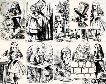 Alice in Wonderland Wall Art Poster Set - Nursery Home Decor - Childrens Book Illustration Print - Girls Room Wall Art Set. Instant download
