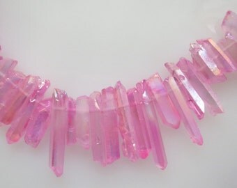 Bright Pink AB Graduated Raw Quartz Crystal Point Top Drilled Beads vg Size 12-28mm 15 pcs.