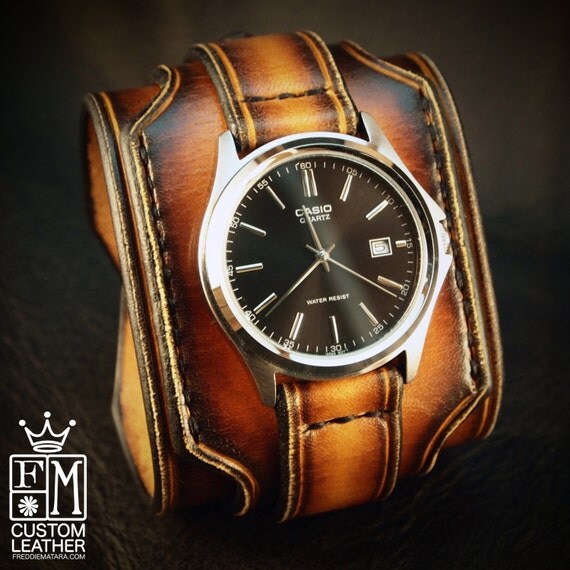 Leather cuff watch Tobacco sunburst wide layered Brown watch band cuff Bracelet Handmade for YOU in NYC by Freddie Matara