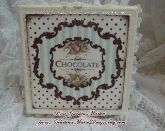Chocolate Aqua Box, Hand Painted Roses, Vintage Graphic Design, Paper Mache, Gift Box, Keepsake Box, Ornament Box, Candy Box, ECS