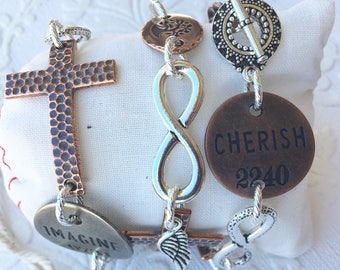 Hammered Copper Cross Assemblage Charm Word Bracelet