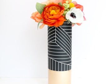 Black and White Graphic Pattern Wrapped Flower Vase with Rose Gold Bottom Flower Vase