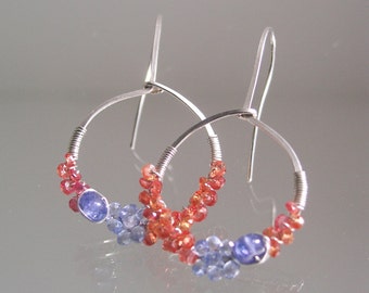 Blue and Orange Sapphire Sterling Silver Hoops, Tanzanite Wire Wrapped Earrings, Lightweight, Everyday Jewelry, Original Design, Signature