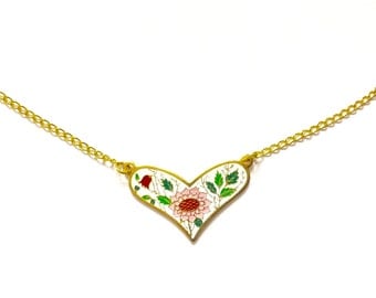 Floral Heart Necklace, Vintage Enamel Heart Necklace, Floral Necklace, White Floral Heart Necklace