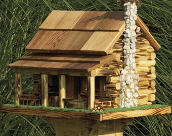 Amish Rustic Handmade Log Cabin Bird Feeder With Rock Chimney