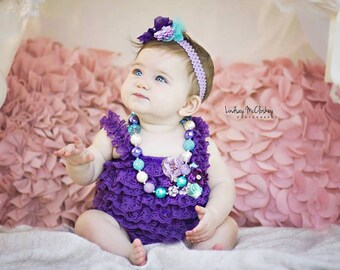 Birthday Cake Smash Outfit Girl Purple Lace Romper Headband Necklace SET Baby Pettiromper Baby Ruffle Romper Baby Outfit, Baby Photo