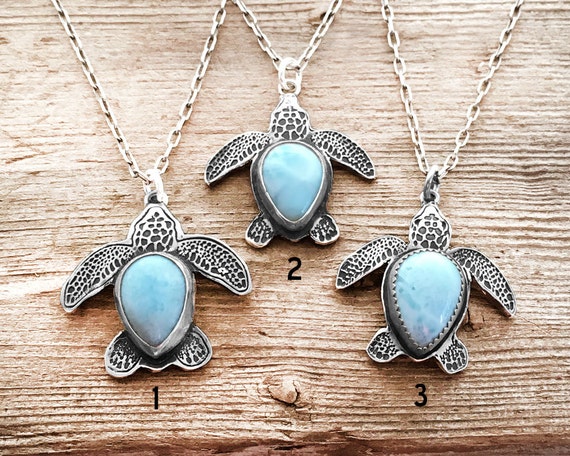 Sea turtle necklace silver sea turtle jewelry Larimar sea