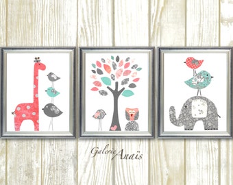 Coral and Turquoise Baby Girl Nursery Decor Elephant Giraffe Tree Birds Baby Nursery Wall Art Set of three prints