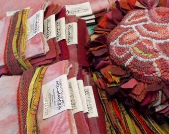 Red and Pink Wools for Rosebud Flower Pillow for rug hooking with a prodded fringe//Limited Edition uncut kit//pillow backing wool option