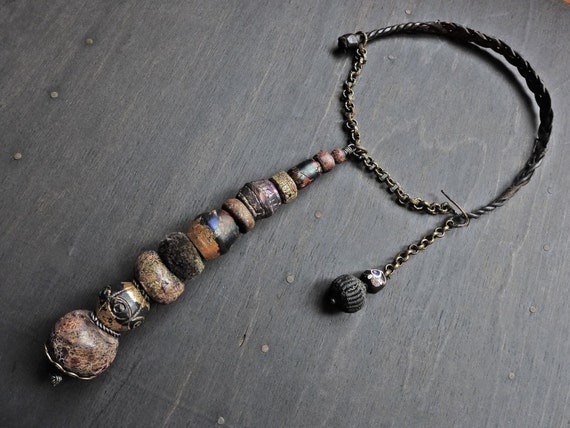 Statement totem bead stack pendant necklace - sculptural jewelry - wearable art - "Passage from the Other World"