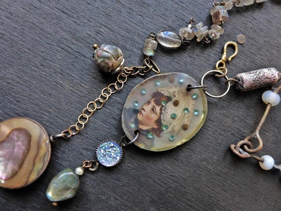 Feminine rustic necklace with resin pendant and abalone in sterling silver - "Everyone has Lost Something"  